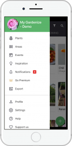 Menue gardenize mobile app for gardening and plants